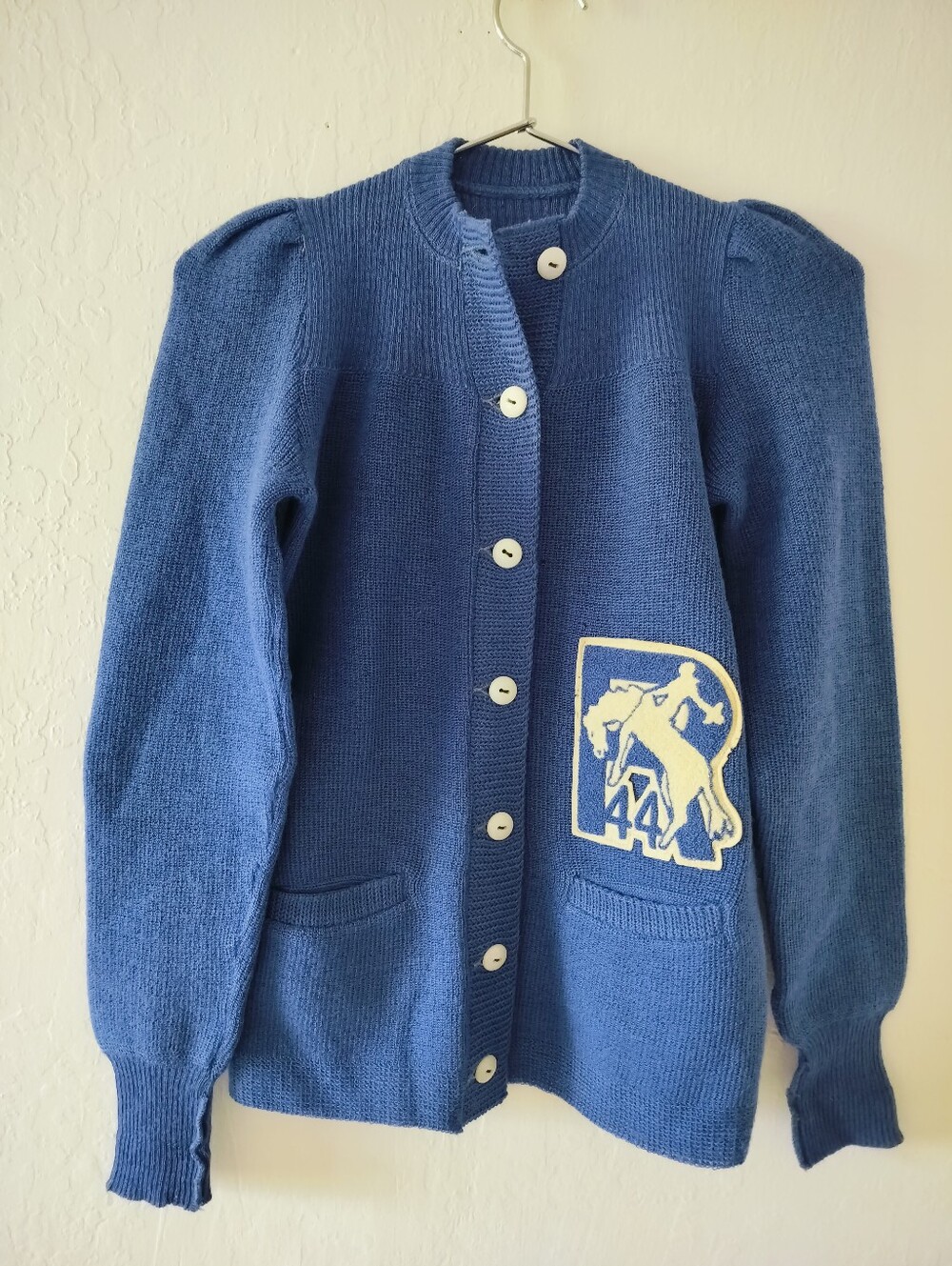 Vintage 40s 50s Blue Knit Letterman Sweater Bucking Bronco Chenille Patch #44
